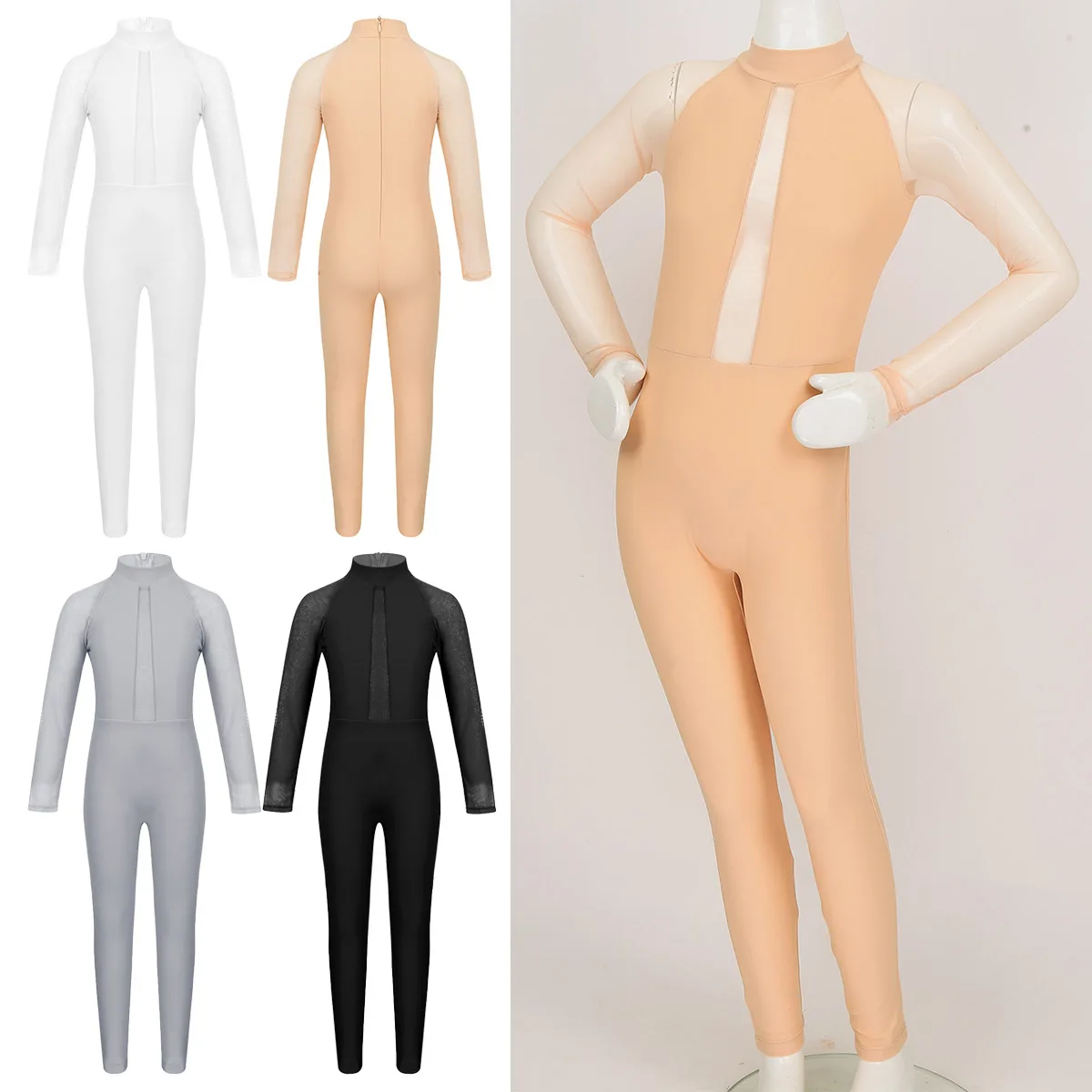 Kids Girls Mesh Long Sleeve Mock Neck Zippered Professional Ballet Dance Gymnastics Leotard Jumpsuit Unitard Ballet Costume