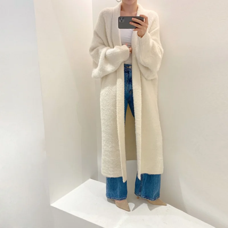 Synthetic Mink Cashmere Women Sweater Cardigan Autumn Winter Batwing Sleeve Knitted Long Cardigan Thick Oversize Fluffy Sweaters