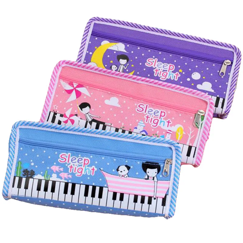 3 Colors Random Creative Large Capacity Storage Bag Cute Piano Pattern Canvas Pencil Case Stationery Box School Supplies