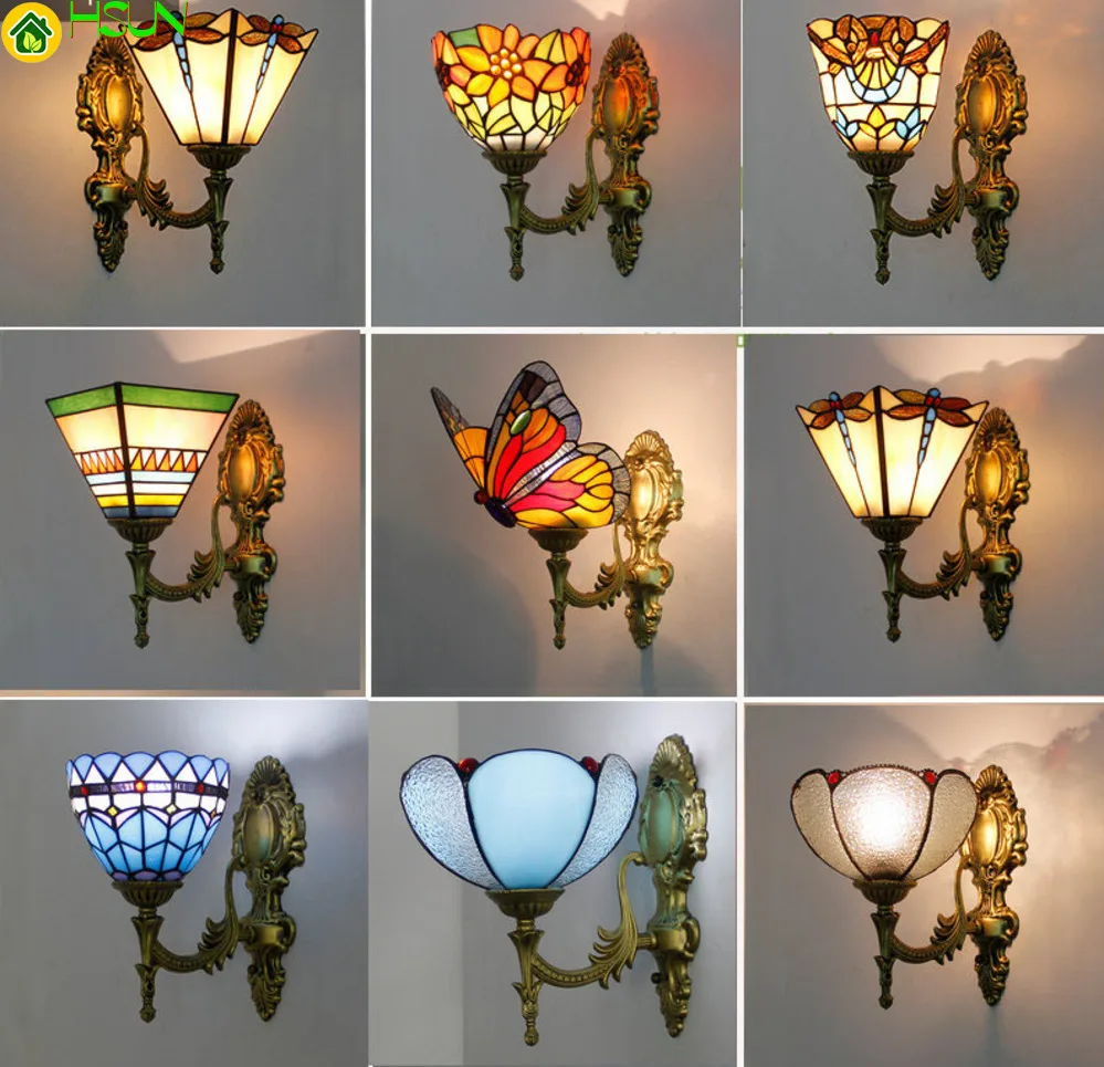 

Pyramid Stained Art Glass Lampshade Batterfly Wall Lamp Led Bedside Study Asile Wall Mounted Lamp Up Or Down Lighting