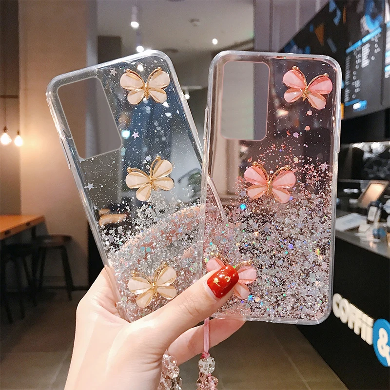 Luxo bonito Bling Glitter Lanyard Silicone Phone Case para Huawei P40 P30 P20 Lite Pro Mate 40 30 20 Honor Ultra-fino Strap Cover