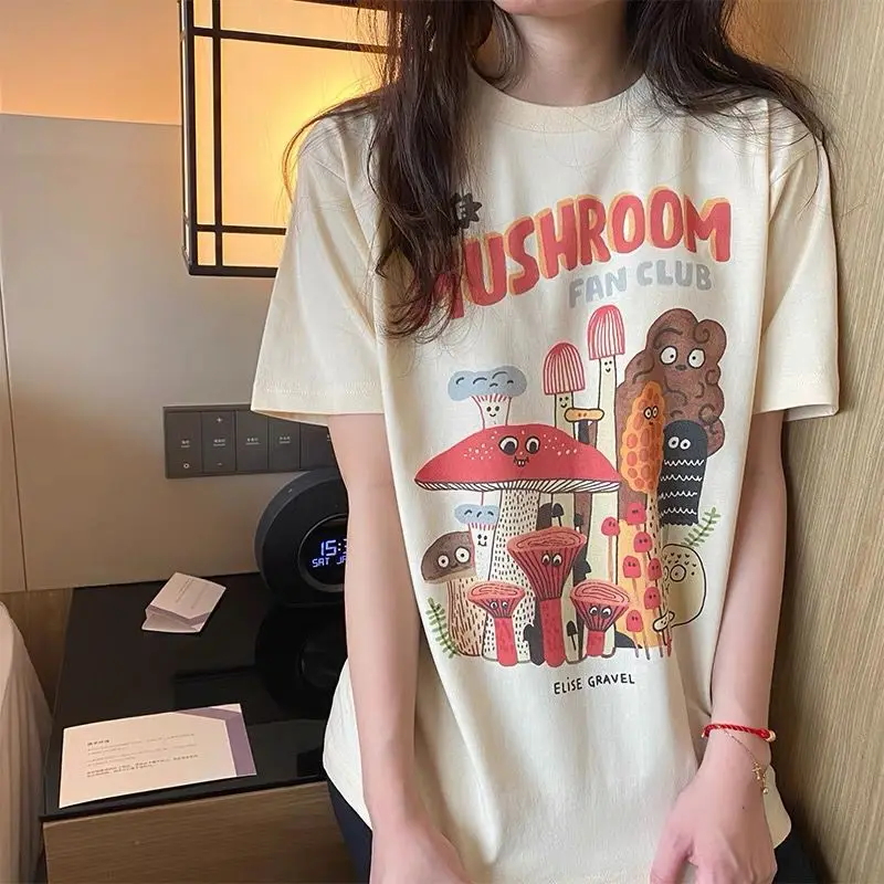 Material Retro Apricot Mushroom Fan Club Cute T Shirts Casual Summer Woman Tshirts Fashion Streetwear Clothes