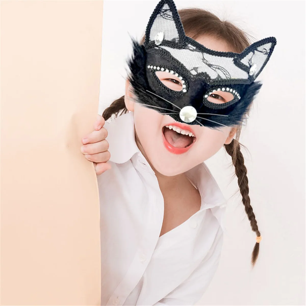 Sexy Leather Cat Mask Women Masquerade Mask Women Girls Sexy Lace Black Cat Eye Mask for Cosplay Christmas Halloween Party