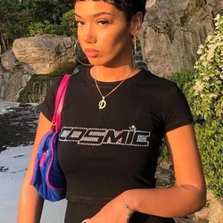 Y2K Short-Sleeve Crop Top Summer Shiny Rhinestone Cosmic Letter Black T-shirt Short Tops Slim Navel Punk Vest Club Women Shirts