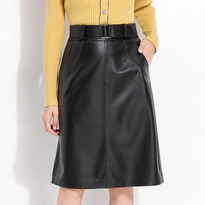 Quality High High Waist Genuine Leather Womens Knee Length Sheepskin A-Line Skirt Office Lady Pockets Sashes Zippers Skirt