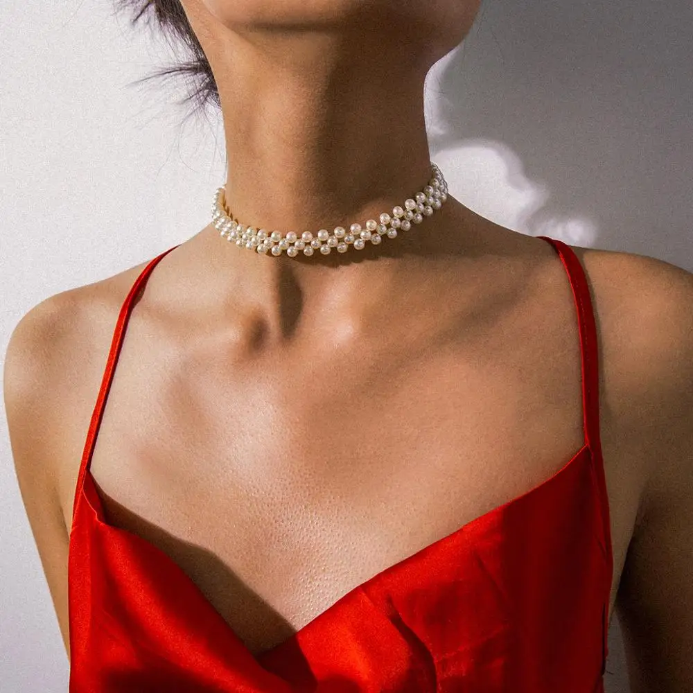 

KMVEXO Bohemian Multi Layer Simulated Round Pearl Choker Necklace Collar Statement Clavicle Chain Necklace Women Wedding Jewelry