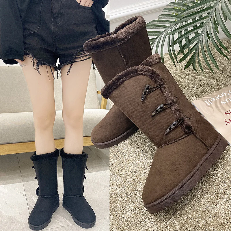 2021 Winter Boots for Women Flat Platform Shoes Mid-calf Snow Boots Suede Buckle Slip on Short Plush Women Shoes Botas De Mujer