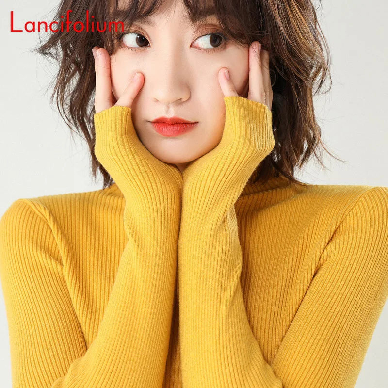 Turtleneck Ribbed Sweater Women 2020 Korean Knit Pullover Basic Plain Autumn Winter Fitted Plus Size Pink Yellow Knitted Jumper