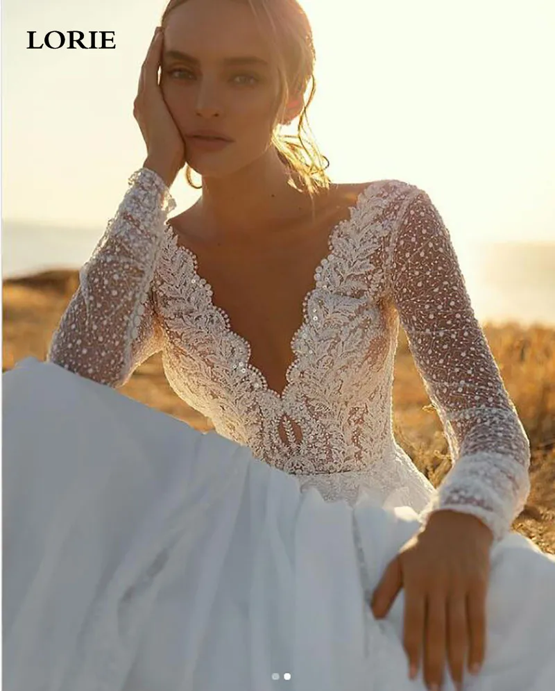 LORIE A Line Chiffon Wedding Dress Long Sleeves Sexy V Neck lace Bride Dress 2021 Boho Wedding Gown PluS Size