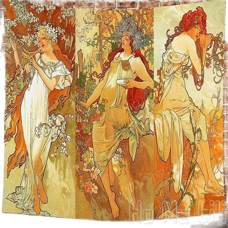 Art Nouveau Lady Tapestry Medieval Style Wall Hanging Vintage Alphonse Mucha Autumn Paris Fall Nouveau Vineyard Flirt