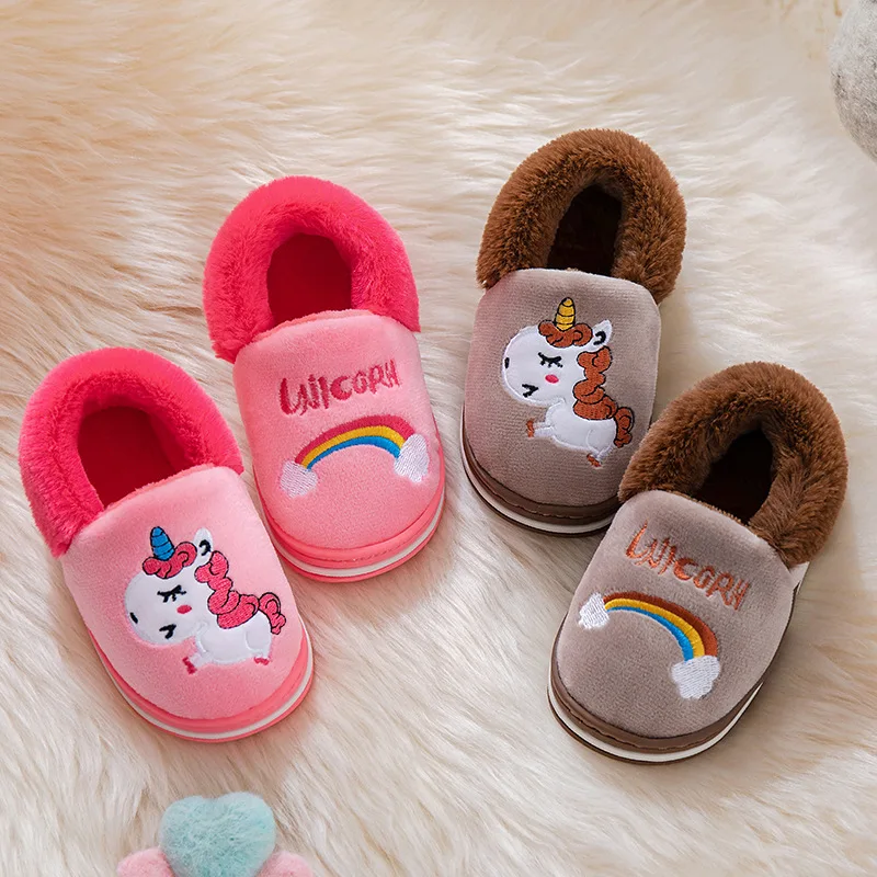 Unicorn Kids Slippers for Toddler Boys Indoor Shoes Baby Girl Fur Slides Cotton Flip Flop Warm Winter House Children Slipper