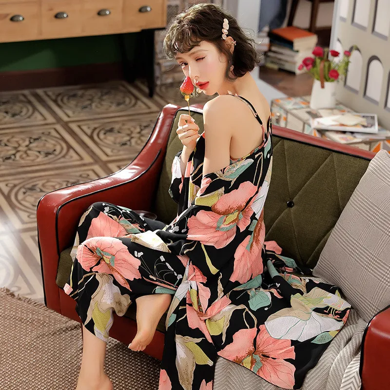 Kupokasi 3 Piece Spring Autumn Floral Printed Women Pajamas Set Viscose Sleepwear Girl Pyjamas Top  Long Pants Night Suit