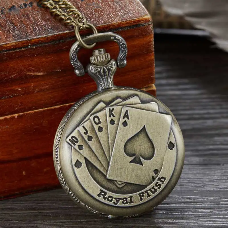 Antique Black Vintage Gambling Royal Flush Poker Cards Lucky A Quartz Pocket Watch Necklace Pendant Chain Gift Reloj De Bolsillo