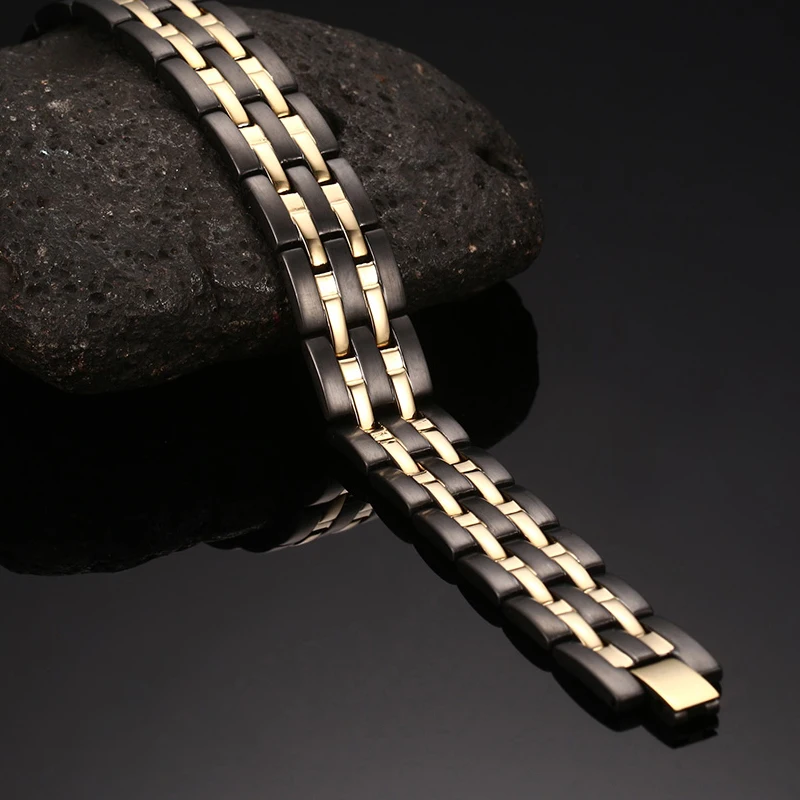 Vinterly Health Bracelets Mens Hand Chain Black Gold-color Energy Magnetic 15mm Wide Stainless Steel Jewelry For Male Waterproof
