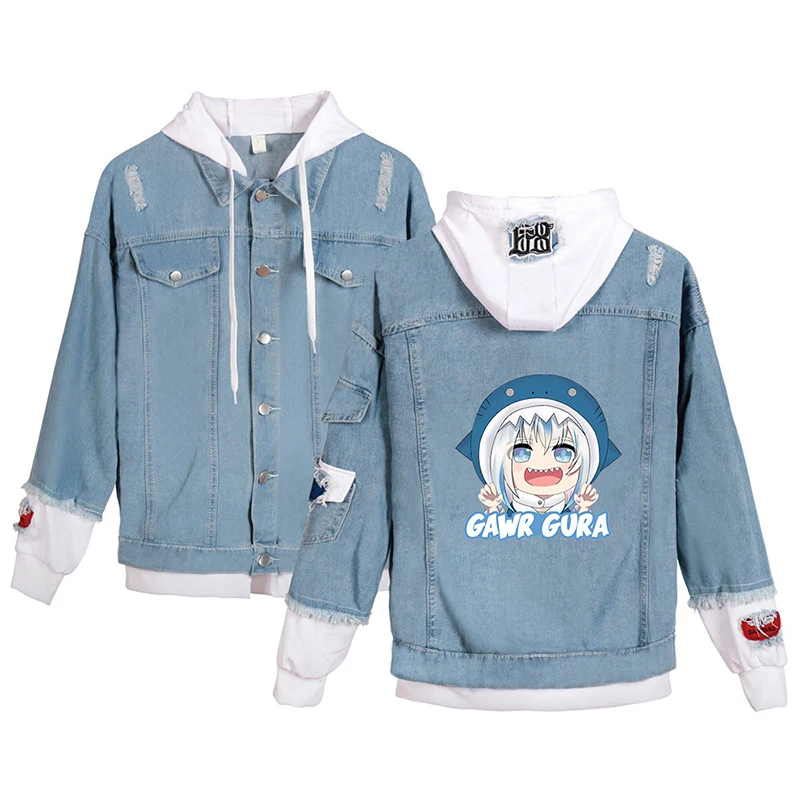 

Japanese Shark Girlish Kawaii Cartoon Denim Jacket Men Women Long Sleeve Fake Two Pieces Jean-Jackets Anime Hoodies Streetwear