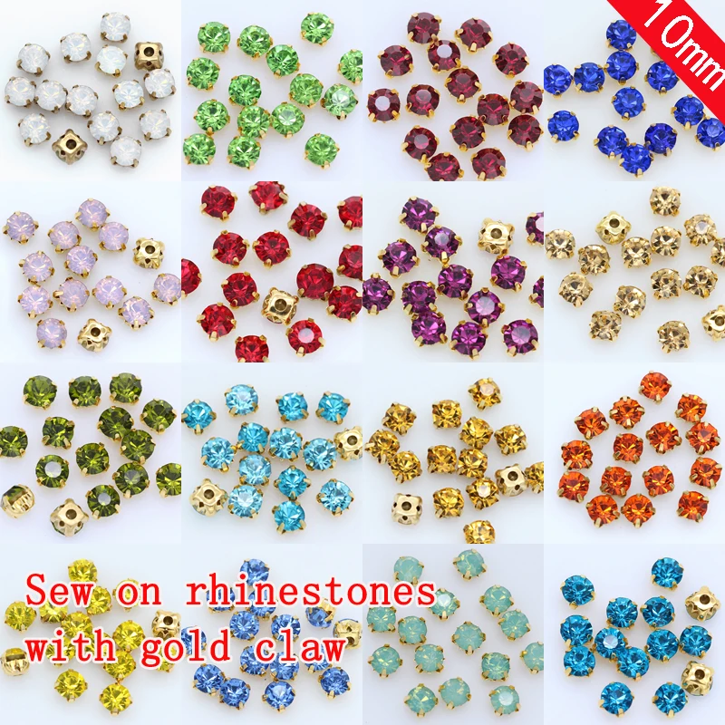 36pc 10mm Sew on crystal glass Rhinestone Flatback Diamante Diy Decorative Gold Cup Claw 4-holes Sewing Beads craft clothes