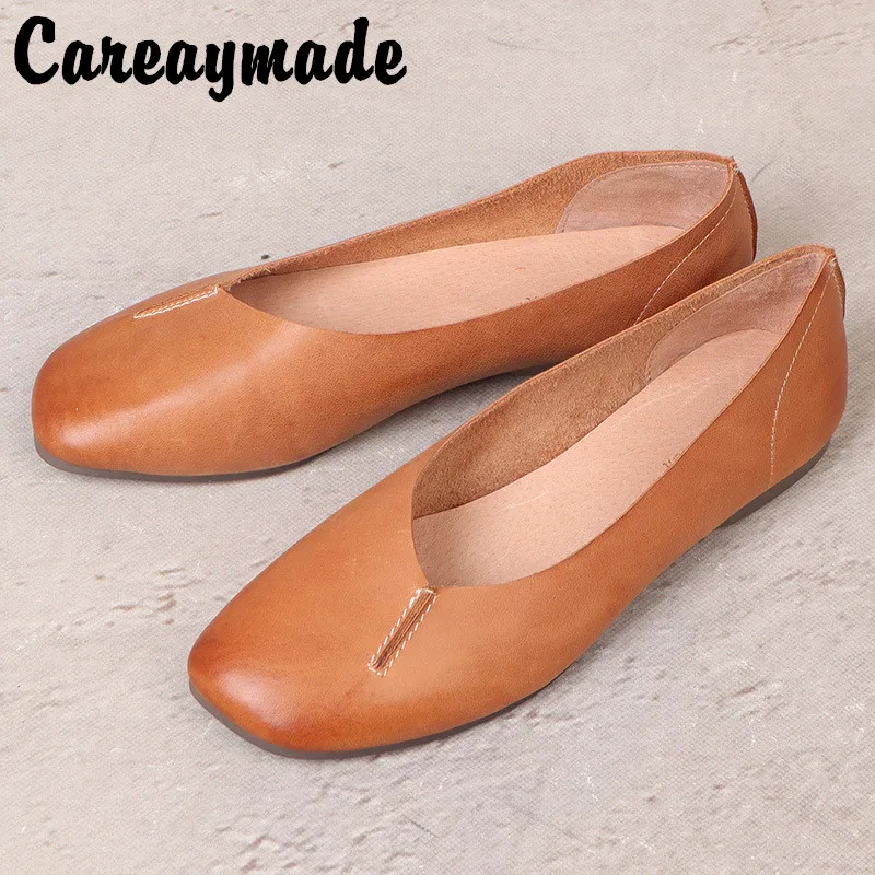 Careaymade-Retro Literary style Handmade Women\'s Shoes,First Layer Leather Soft Bottom Soft Square Head Shallow Mouth Shoes