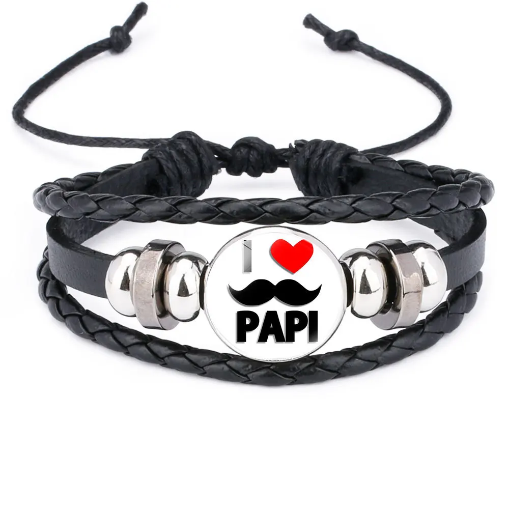 Father's Day Gift Best Super Dad Hand Woven Leather Cord Glass Bracelet Wholesale