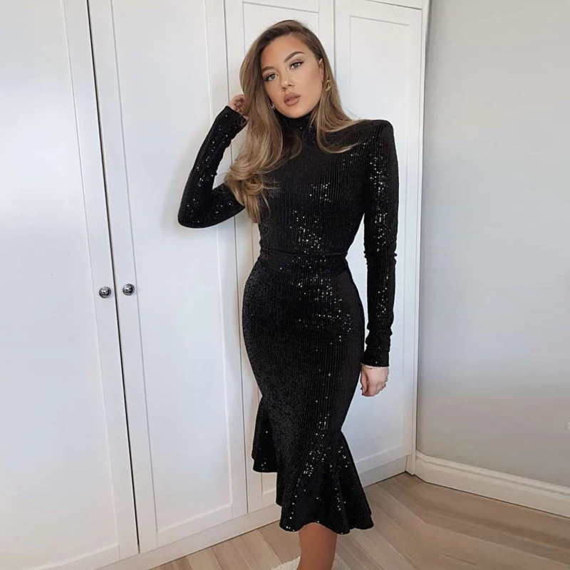 

Elegant Long Sleeve Stand Neck Sequined Midi Dress Mermaid Bodycon Black Autumn Party Dress