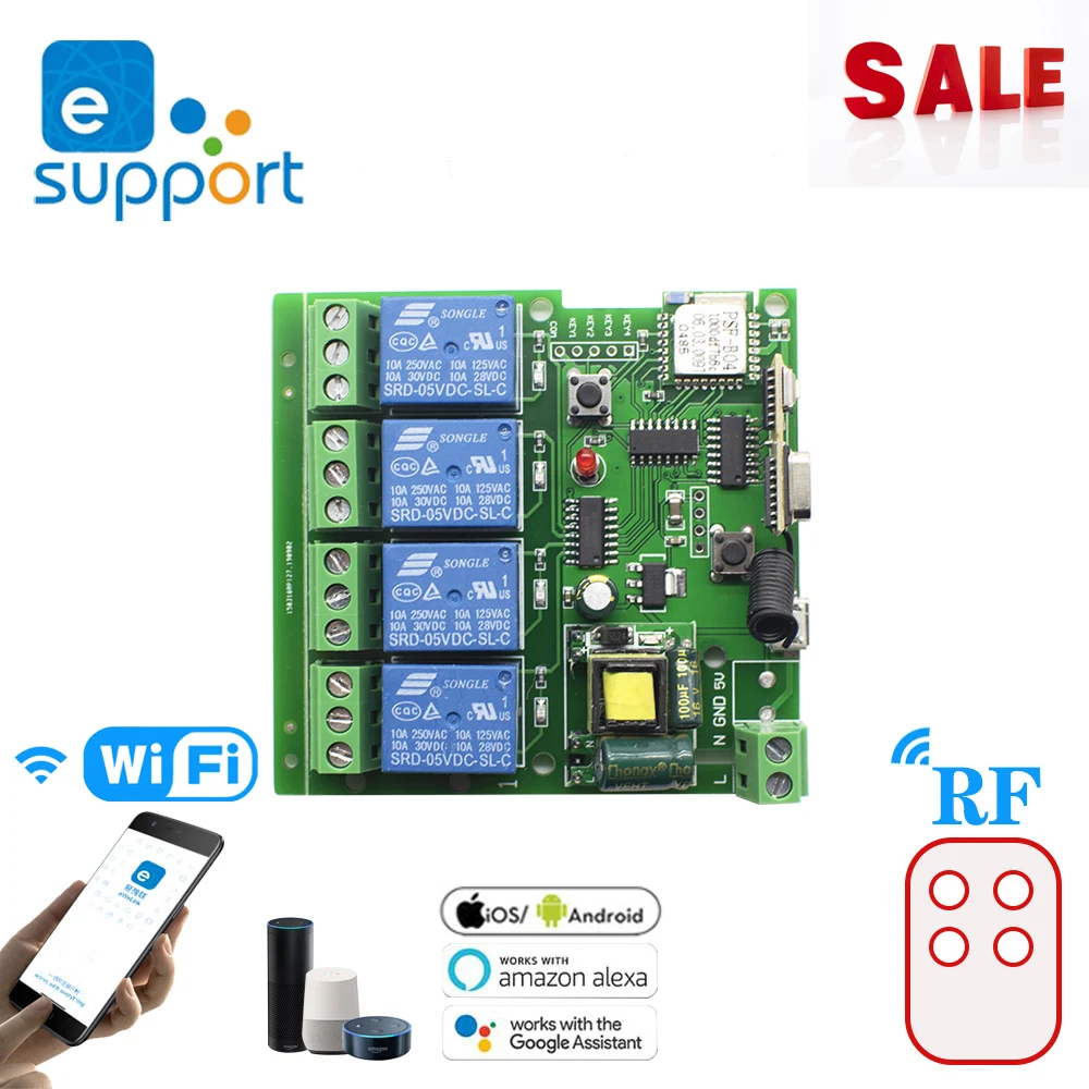 

DIY DC 250V 4CH EWeLink Smart Remote Control WiFi Wireless Switch Module + RF 4 Button Ev1527 Remote Control