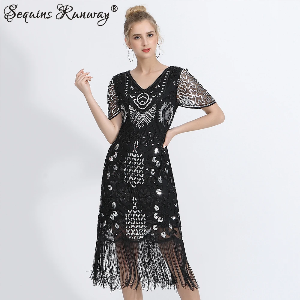 

Sexy vintage Black Sequin bodycon summer mini dress women elegant prom evening dresses Tassel mesh party woman dress vestidos