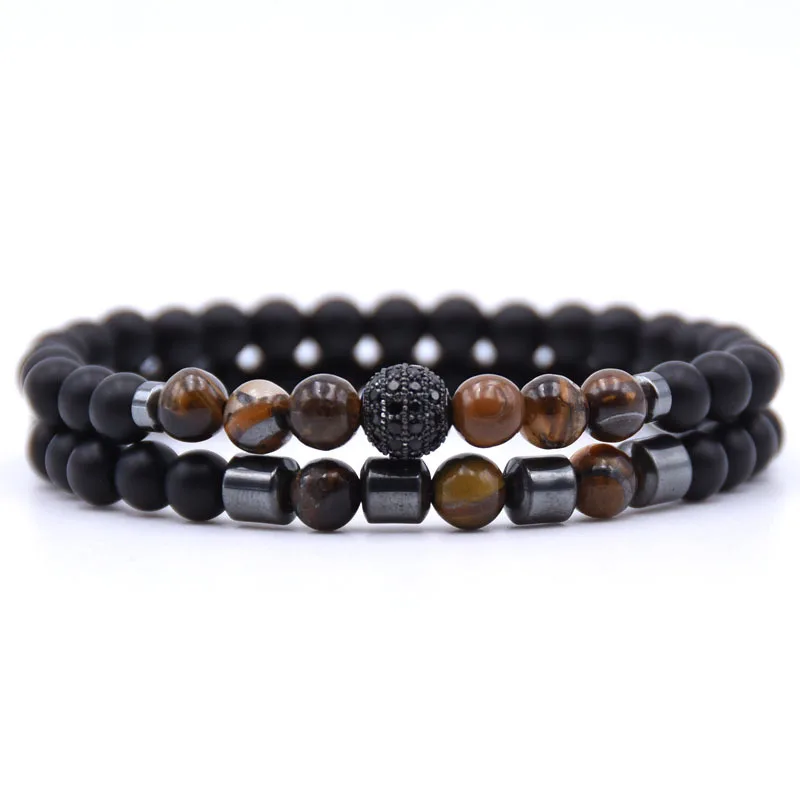 

New 6MM 2PCS/set Natural stone Beads Bracelet CZ Round Hematite column Bracelet For Men Gift Women Handmade Jewelry Wristlet