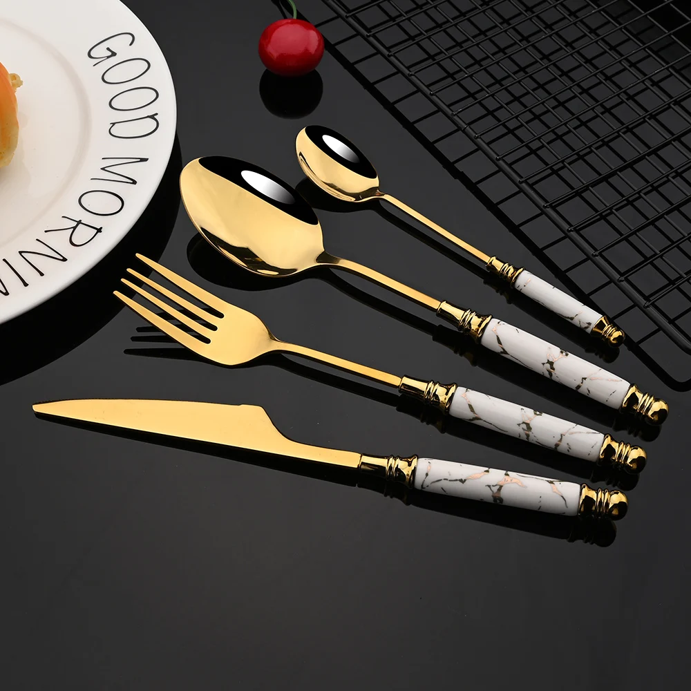 Gold Ceramic Tableware Tea Fork Spoon Knife Set Vintage Flatware Cutlery Set Stainless Steel Dinner Dinnerware Silverware Set