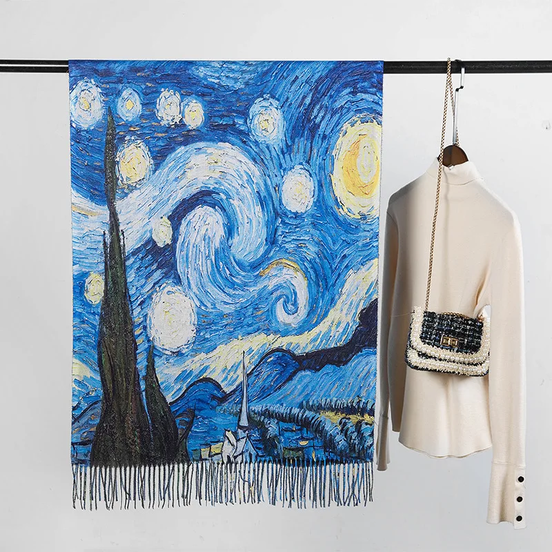 

Luxury Brand van gogh oil painting shawl women winter New 2 sides cashmere scarf shawl Starry sky pashmina ladies Blanket scarf