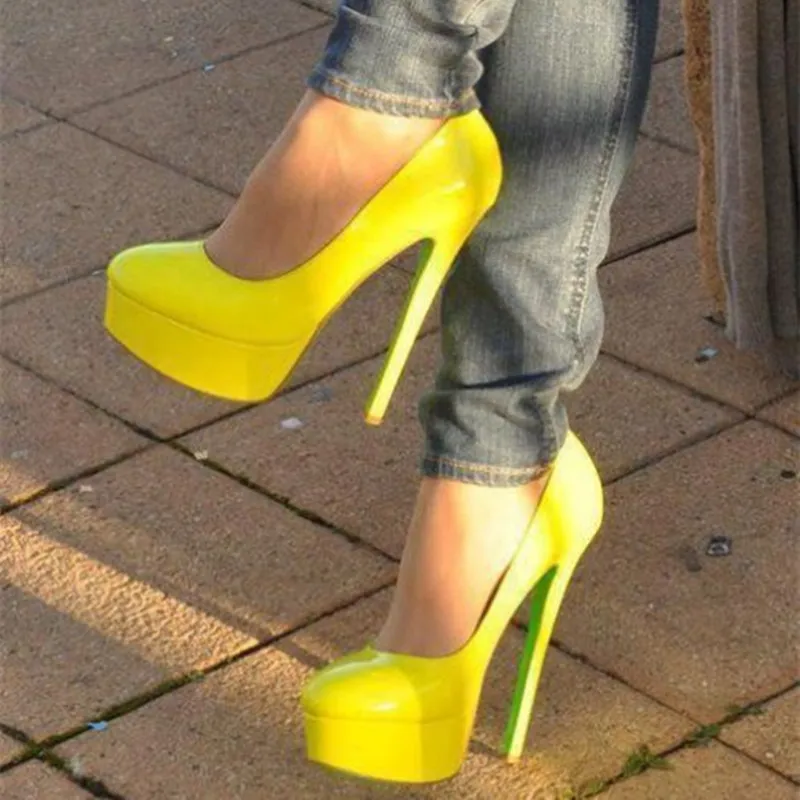 Lemon Yellow Patent Leather Platform Pumps Super High Heels Sexy Pointed Toe  Slip On Catwalk Party Dress Shoes