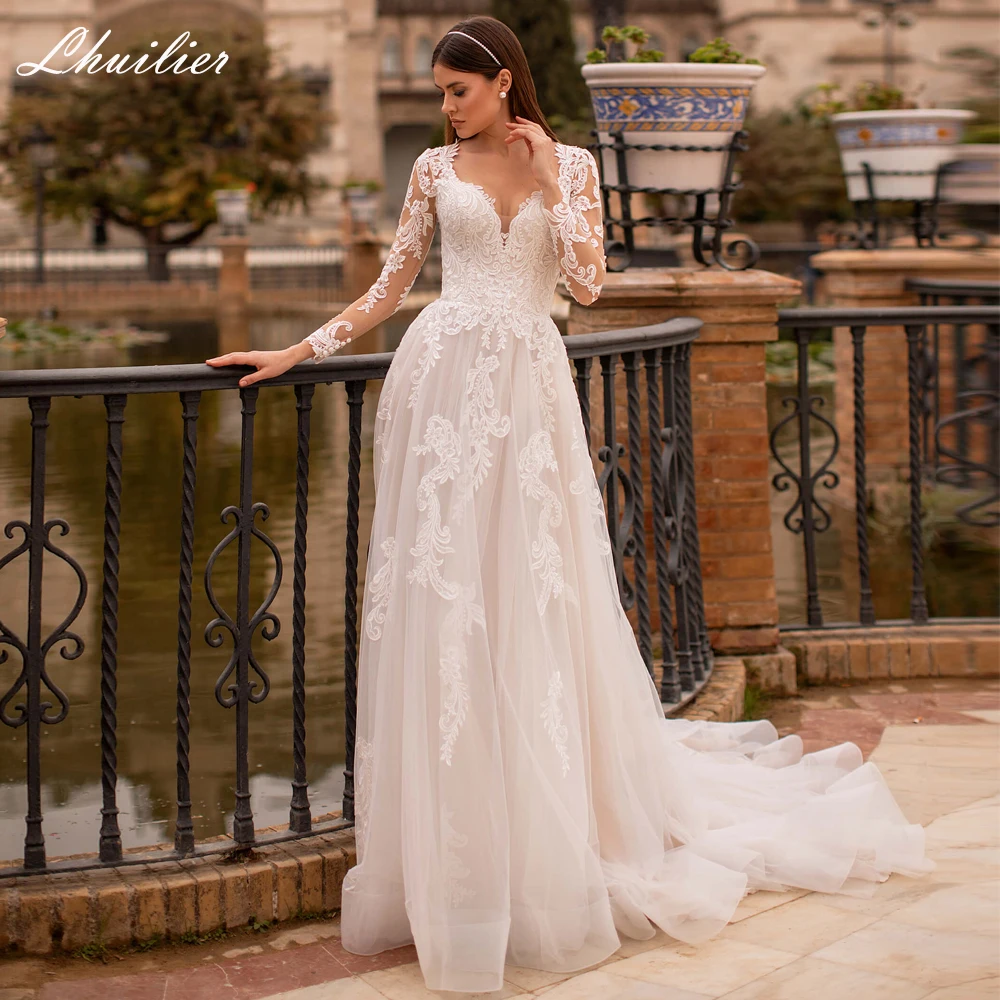 

Lhuilier Customized A Line V-Neck Lace Appliques Wedding Dresses Floor Length Full Sleeves Bridal Dress with Court Train