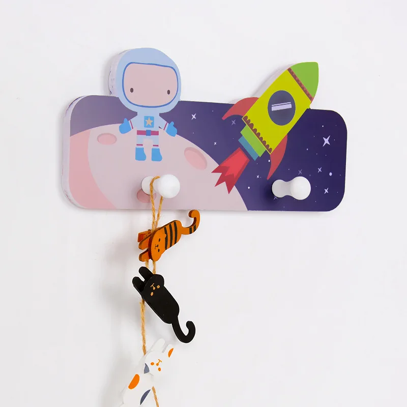 Nordic Wood Boy Children Coat Hooks Room Decoration Cartoon Astronaut Clothes Wall Hanger Hat Key Holder Home Decor Accessories