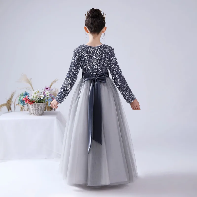 Dideyttawl Customized Junior Girls Formal Party Princess Gown Long Sleeve Grey Sequins Flower Girls Dress Wedding Birthday Party