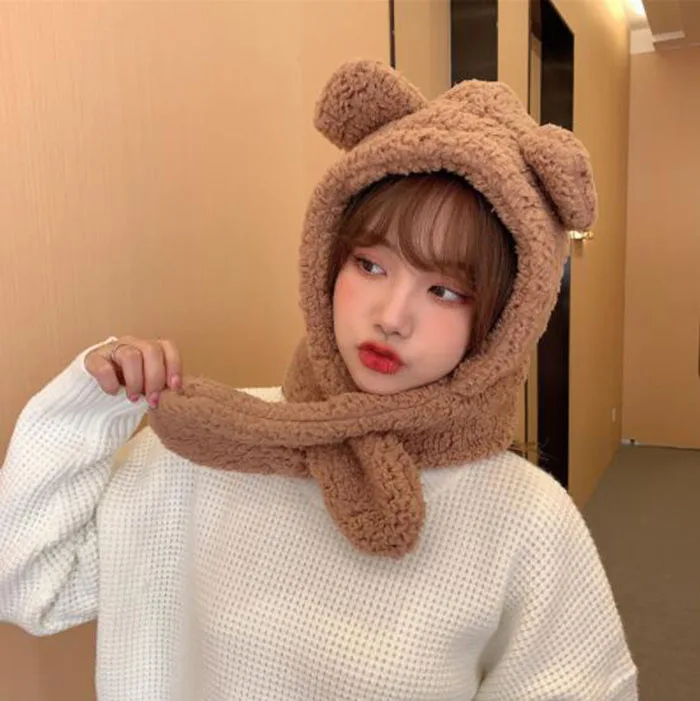 New Cute Bear Ear Hat Scarf Gloves Set Women Winter Novelty Caps Warm Plush Hats Casual Solid Fleece Girl Party Accessories