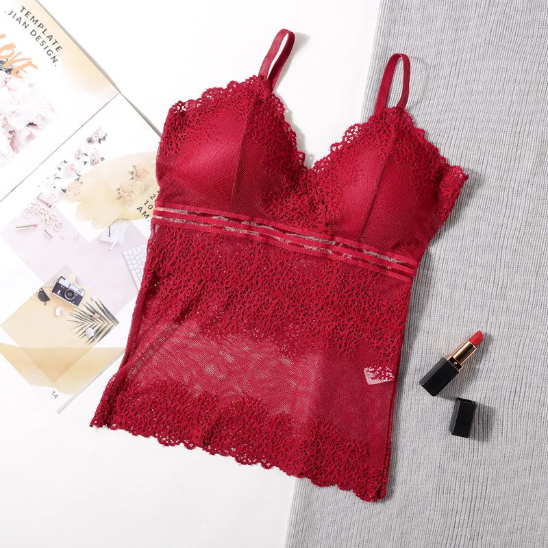 Transparent Lace Tops Women Tank Top Sexy Lingerie Deep V Beauty Back Tanks Sexy See Through Underwear Padded Camisole Femme