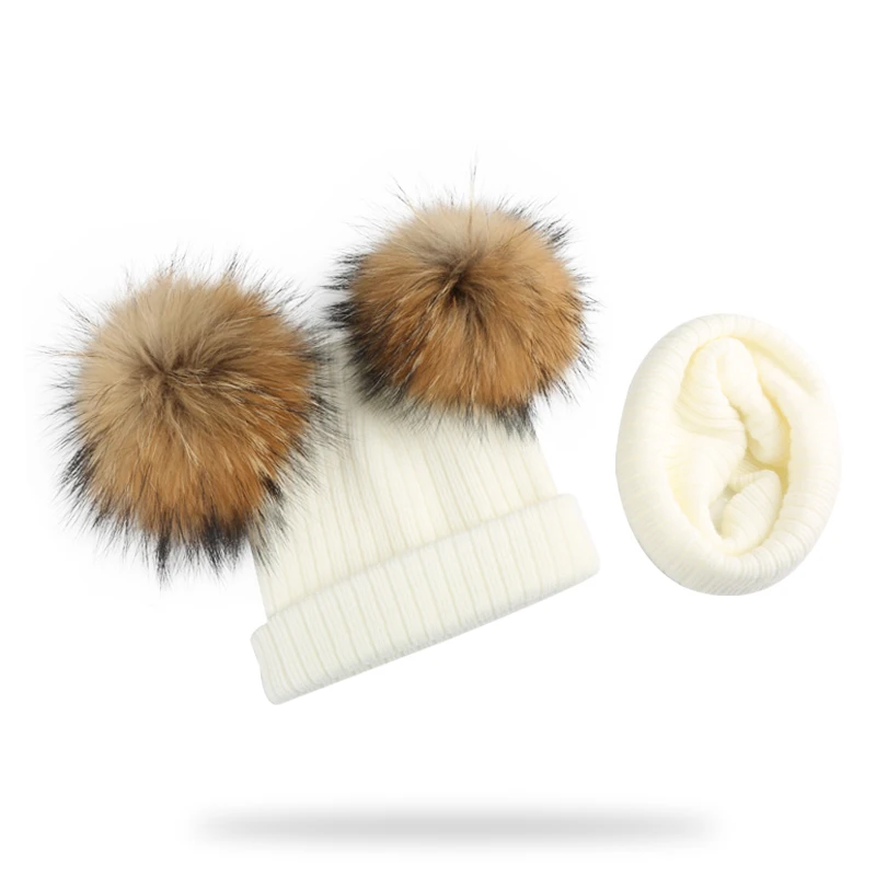 Autumn Winter Baby Girl Natural Raccoon Fur Double Pompom Hat And  Scarf Genuine Pompon Cap For Kids Children Bonnet