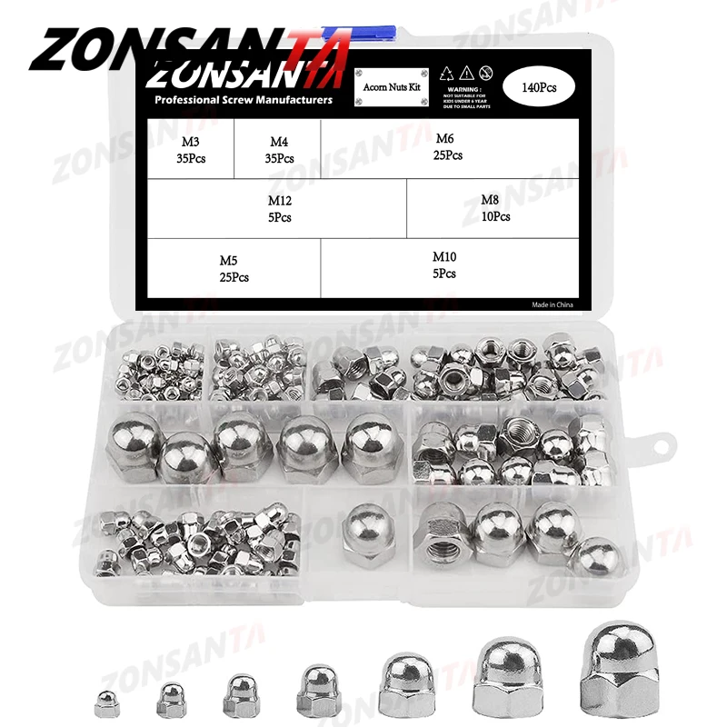 

ZONSANTA Acorn Nut M3 M4 M5 M6 M8 M10 M12 Hex Cap Nuts 304 Stainless Steel Decorative Dome Cap Nuts Blind Nuts Assortment Kit