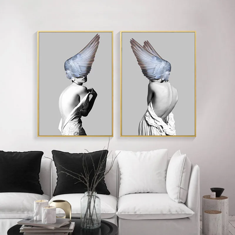 Beauty Art Canvas Painting Nordic Girl Feathered Poster Wall Picture Modern Home Wall Art Decor Print