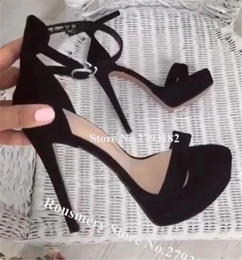 Women Elegant Open Toe Suede Leather High Platform Stiletto Heel Sandals Black Ankle Strap High Heel Sandals Dress Heels