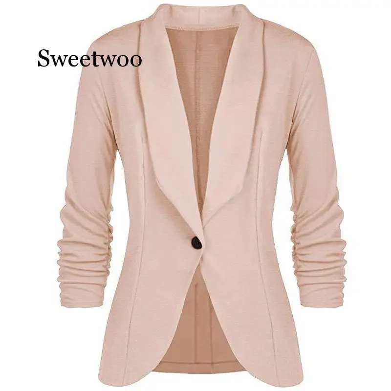 Office Lady Blazers Coat Solid Long Sleeves Cardigan Button Casual Suit Navy Blue Draped Slim Cotton Women Blazer Jacket