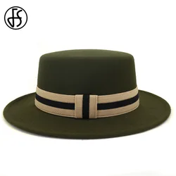 FS Men Women Wool Felt Fedora Bowler Hat with Ribbon Band Elegant Wide Brim Flat Top Party Jazz Cap Black Red Army Green Hats