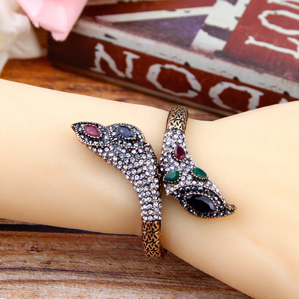 Sunspicems 2021 Vintage Turkish Spirit Bangle Charm Bracelet for Women Antique Gold Color Full Rhinestone Bohemia Ethnic Jewelry