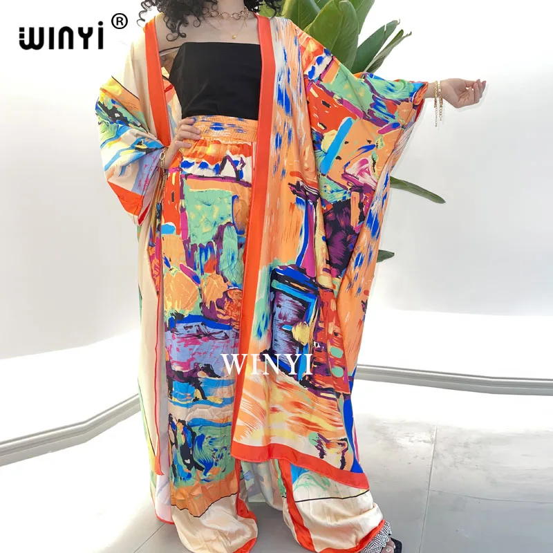 WINYI  two-piece suit Boho Printed Over Size kimono Batwing Sleeve sukienka Women Elastic Silk Floor Length New Fashion Tide