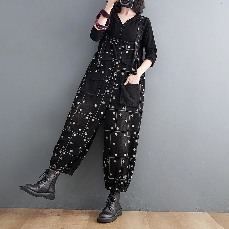 Loose Plus Size Oversized Cargo Jeans Jumpsuits For Women Vintage Print Plaid Black Denim Overalls Harajuku Straps Baggy Rompers