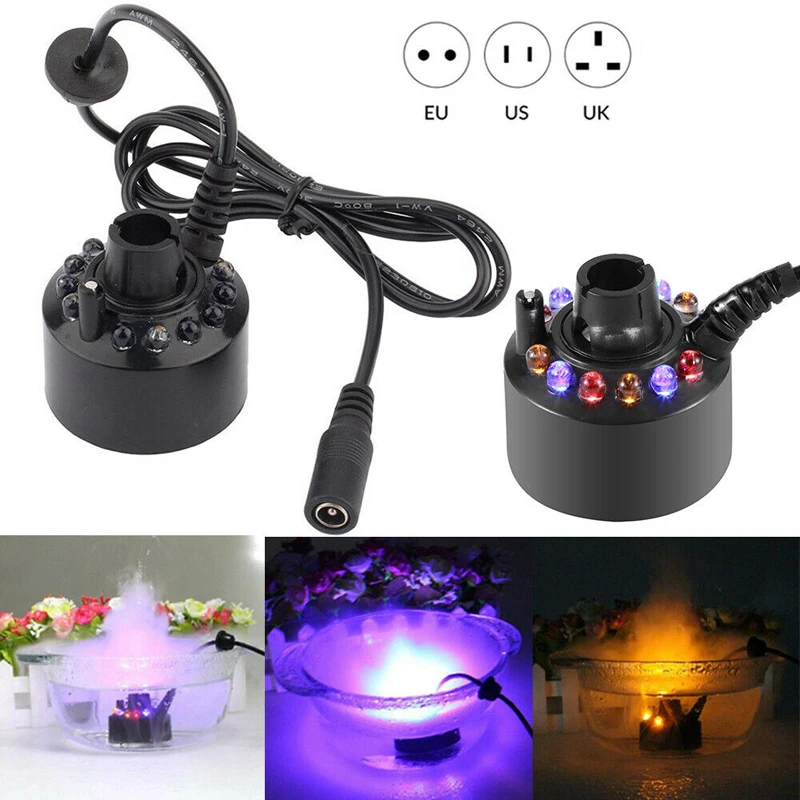 ELOOLE 24V Colorful Changing Ultrasonic Mist Maker Fogger Water Fountain Pond Atomizer Air Humidifier 12 LED With Adapter