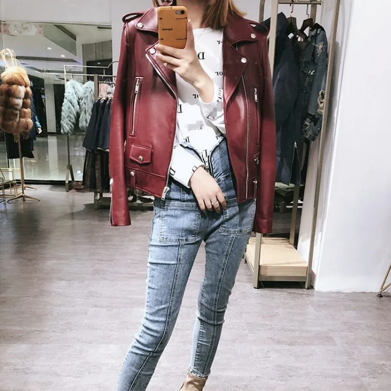 Fashion Women Wine Red Sheepskin Genuine Motorcycle Female Short Coat Windproof Autumn Casual Real Leather Jacket