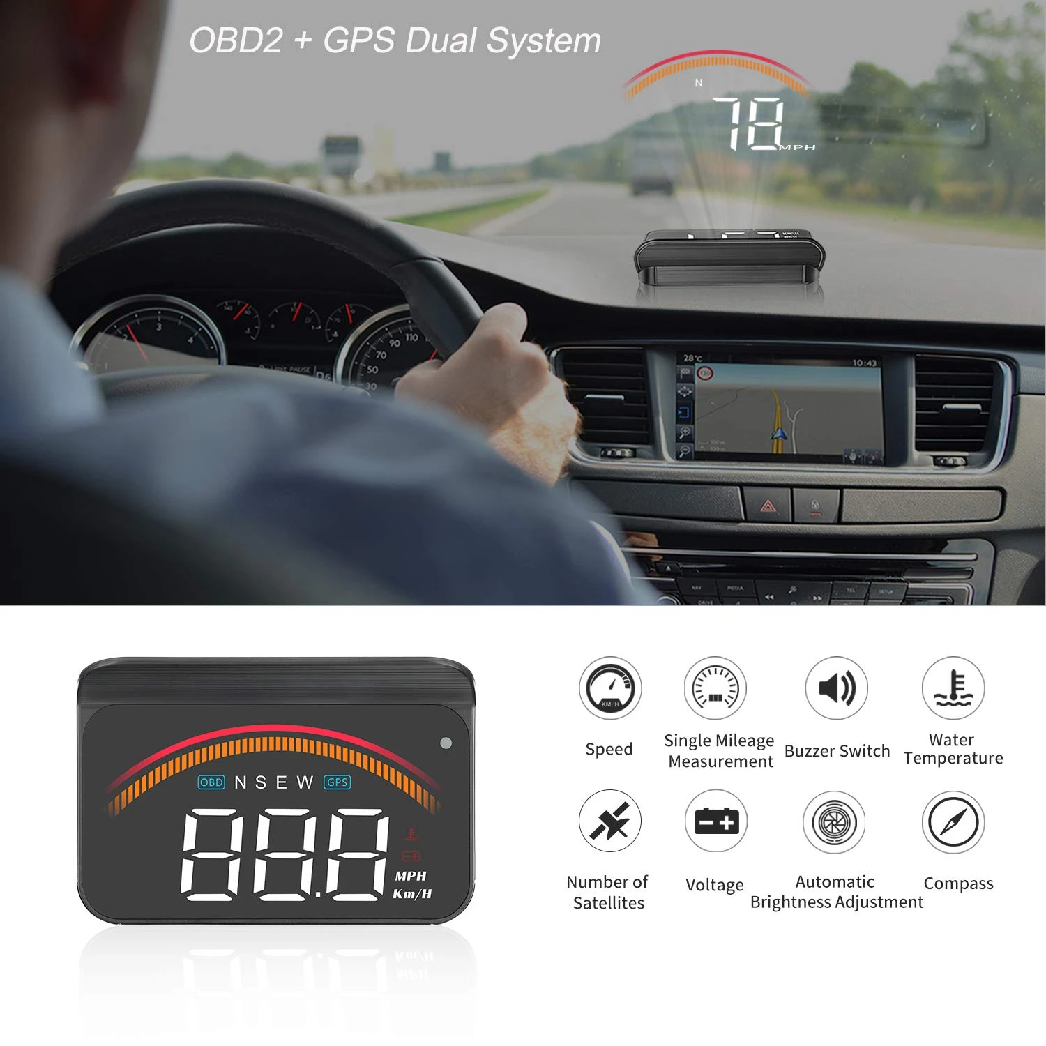 

OHANEE Car HUD Display HUD Head Up Display GPS OBD Dual USB Interface with Alarm Systems Windshield Projector for All Vehicles