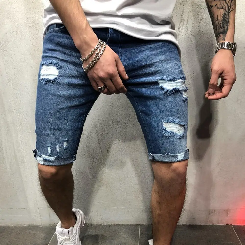 

New Denim Trousers with Holes and Slim Fit Men’s Pans Blue Denim Men’s Trousers Casual Shorts