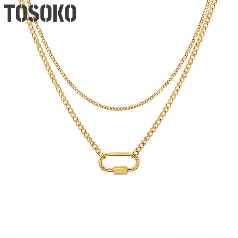 

TOSOKO Stainless Steel Jewelry Special Ellipse Buckle With Geometric Abnormity Double Clavicle Chain BSP961