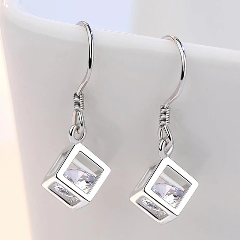 KOFSAC New Exquisite Zircon Cube Drop Earring Jewelry Trendy 925 Sterling Silver Earrings For Women Lady Anniversary Accessories