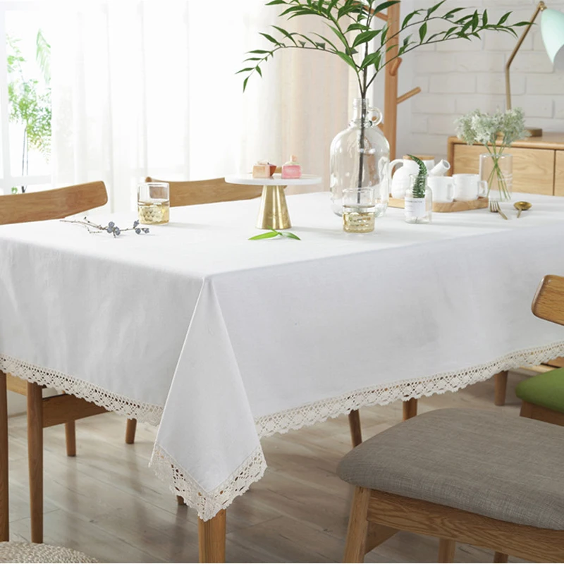 Soild Tablecloth with White Lace Elegant Rectangle Tablecloth Cotton Linen Table Cloth for Home Dinner Tea Table Cover